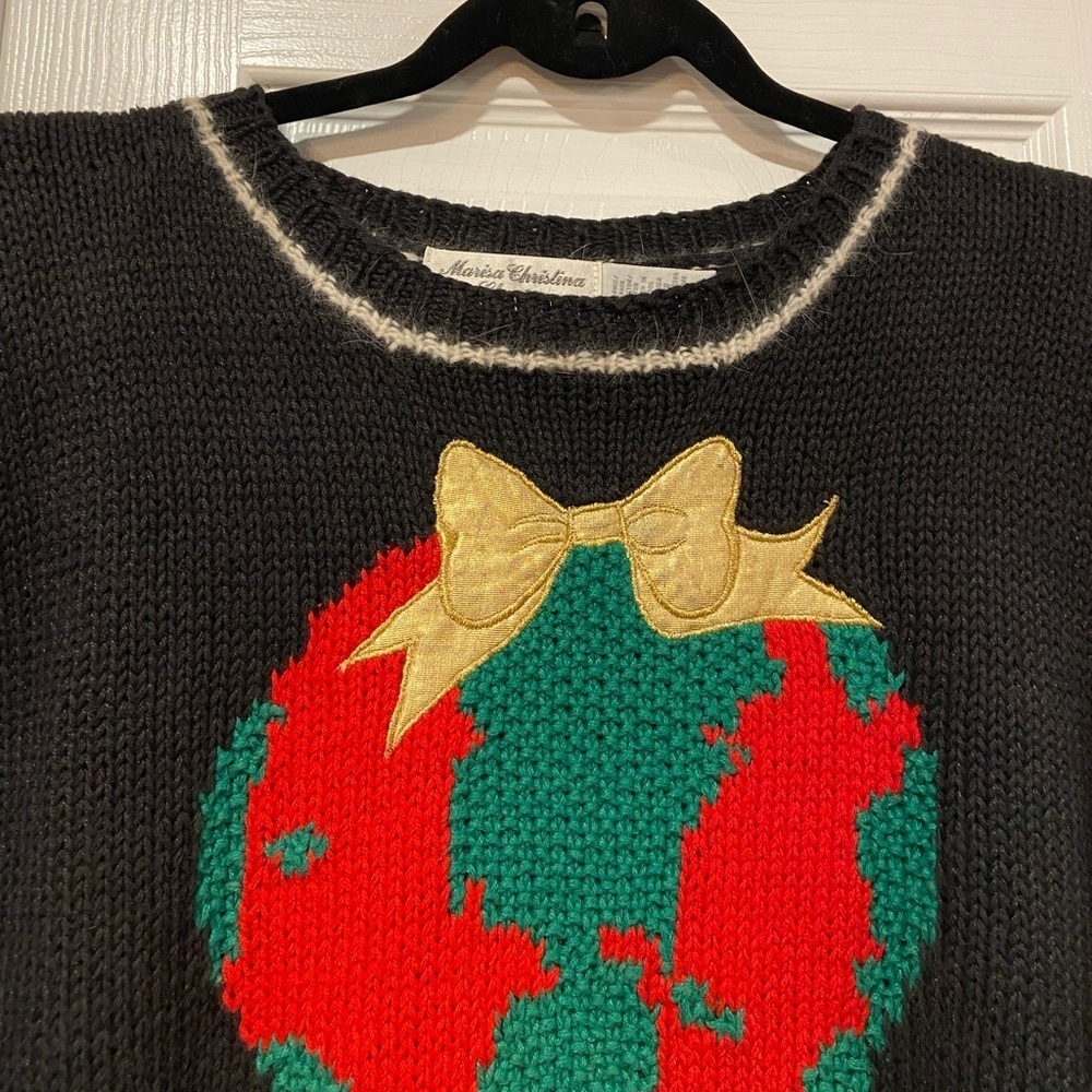 VTG Marisa Christina Size M/L Hand Knit Christmas Sweater World Peace Globe - Picture 2 of 9
